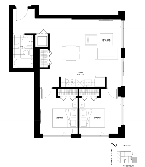 Floor plan for 2 beds, 1 bath, 830 sqft